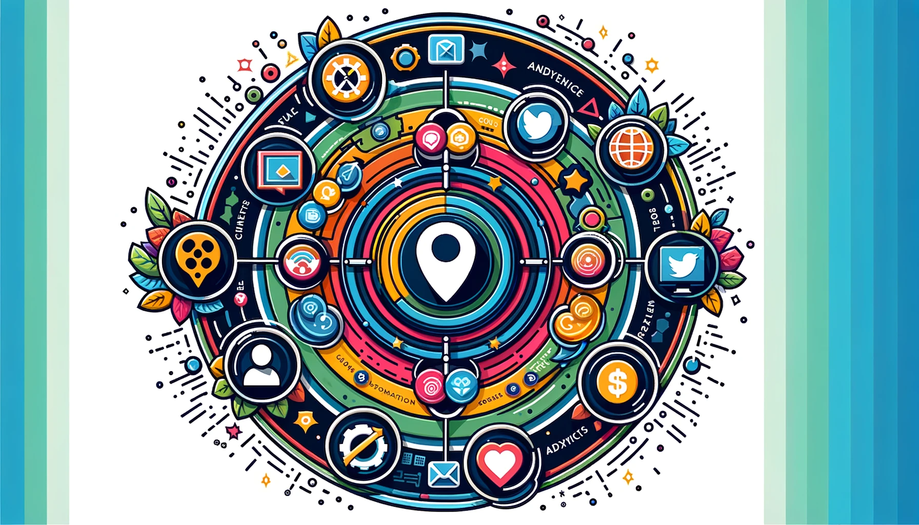 A vibrant illustration showcasing the components of a social media marketing strategy framework. Central to the image is a prominent social media icon, encircled by elements like content creation, audience engagement, analytics, and advertising. The design is colorful and dynamic, mirroring the energetic and diverse nature of social media marketing.