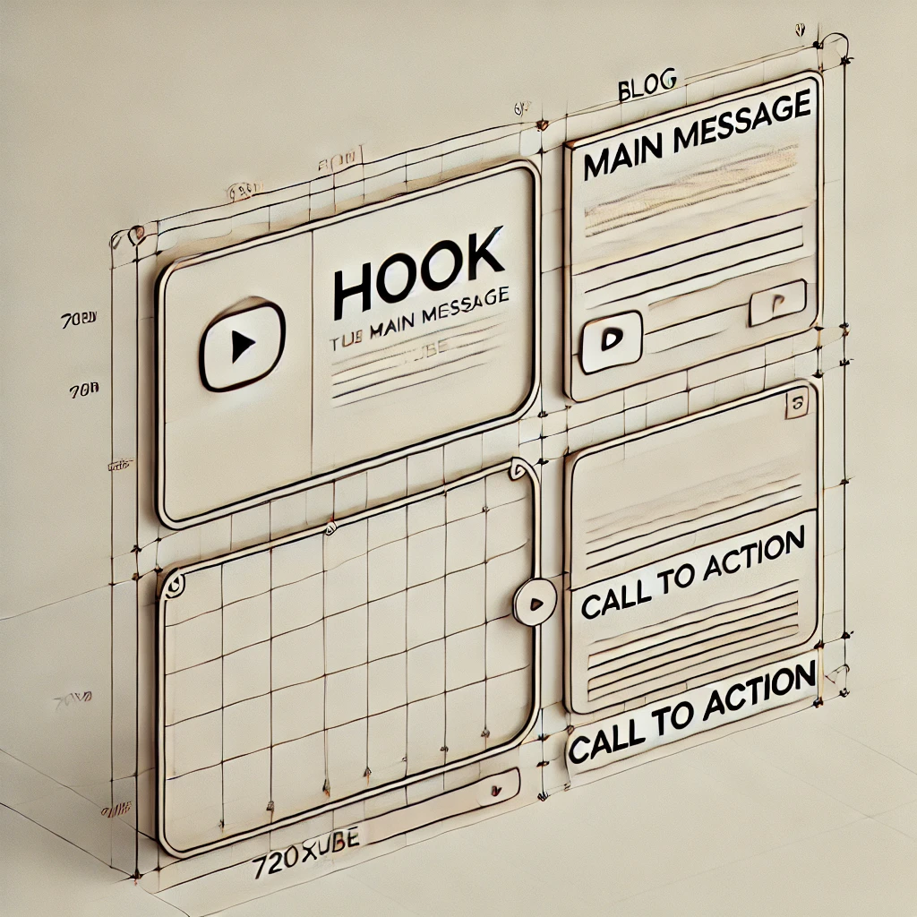 Key elements of a well-structured YouTube ad, highlighting: The hook, main message, and CTA.