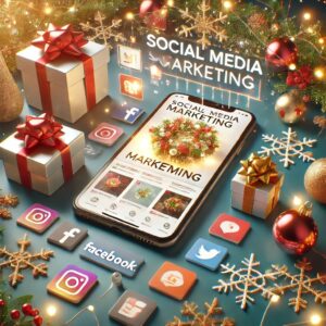 A Cellphone screen reading 'Social Media Tips' along with holiday gifts and icons of social media platforms like Facebook and Instagram.