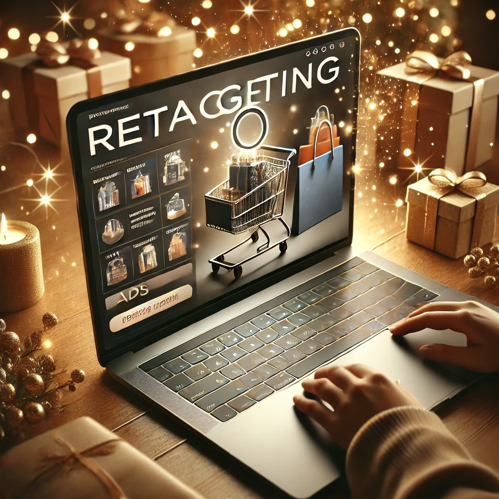 A computer monitor reading Ad Retargeting showing a shopping cart.